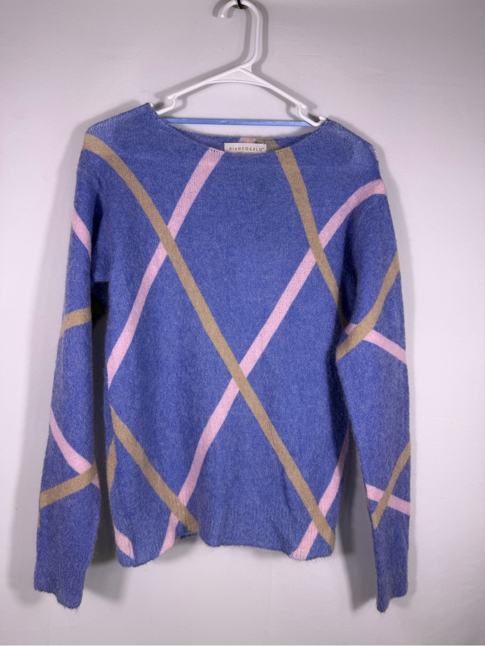 NWT Bianco & Blu Luxury Mohair Argyle Plaid Italian Sweater Size S